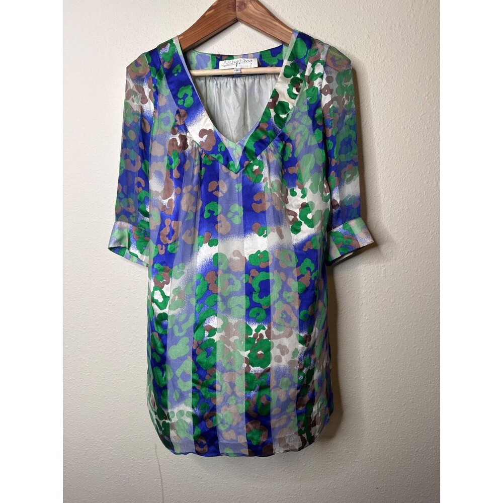 RORY BECA Dress Small Blue Chiffon Silk V Neck Tunic Cover Up